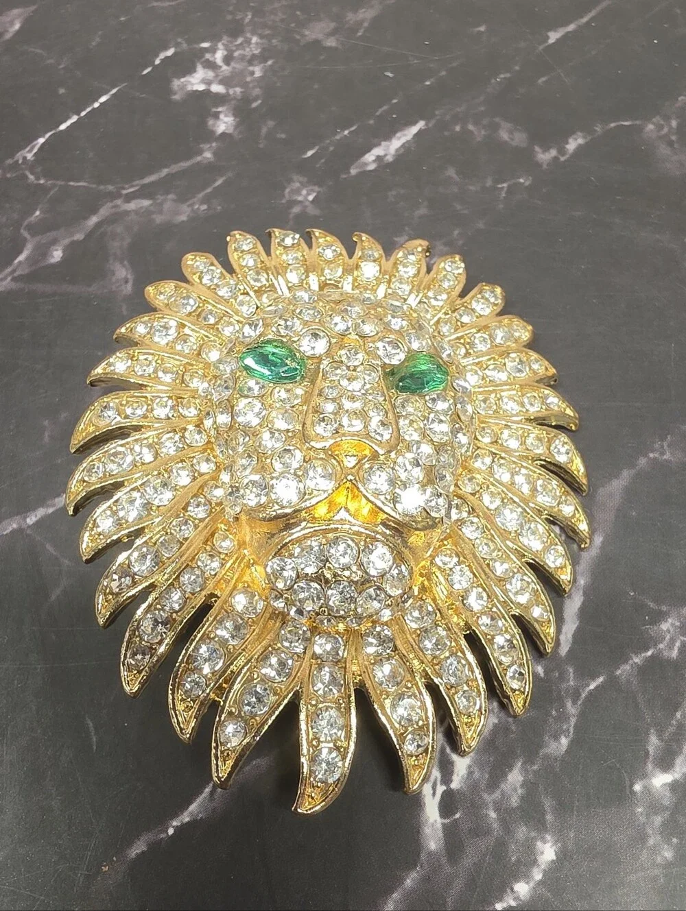 Vintage Signed JB Rhinestone Lion Brooch Green Eyes Gold Tone